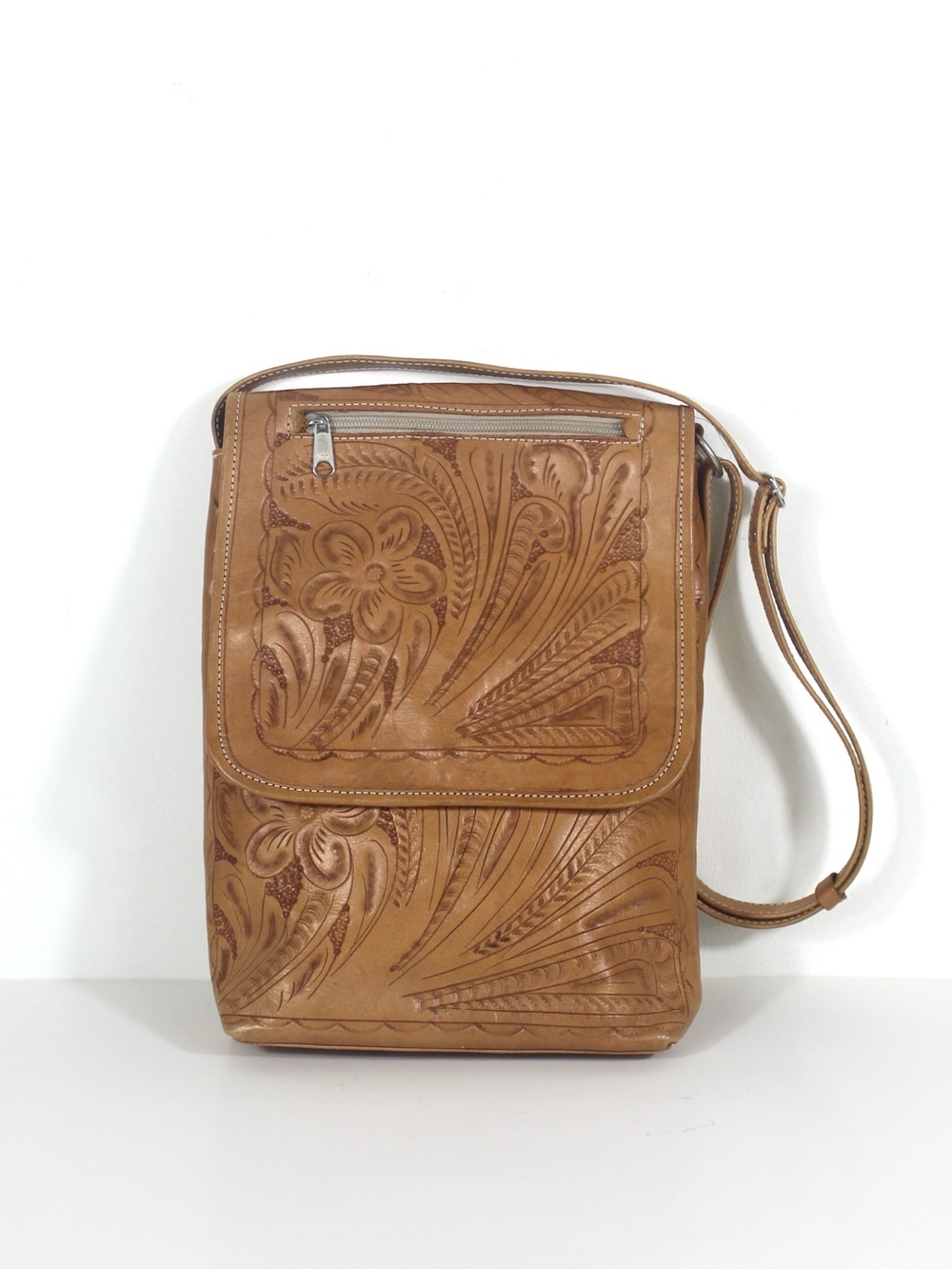 Vintage Tooled Tan Leather Crossbody Messenger Bag